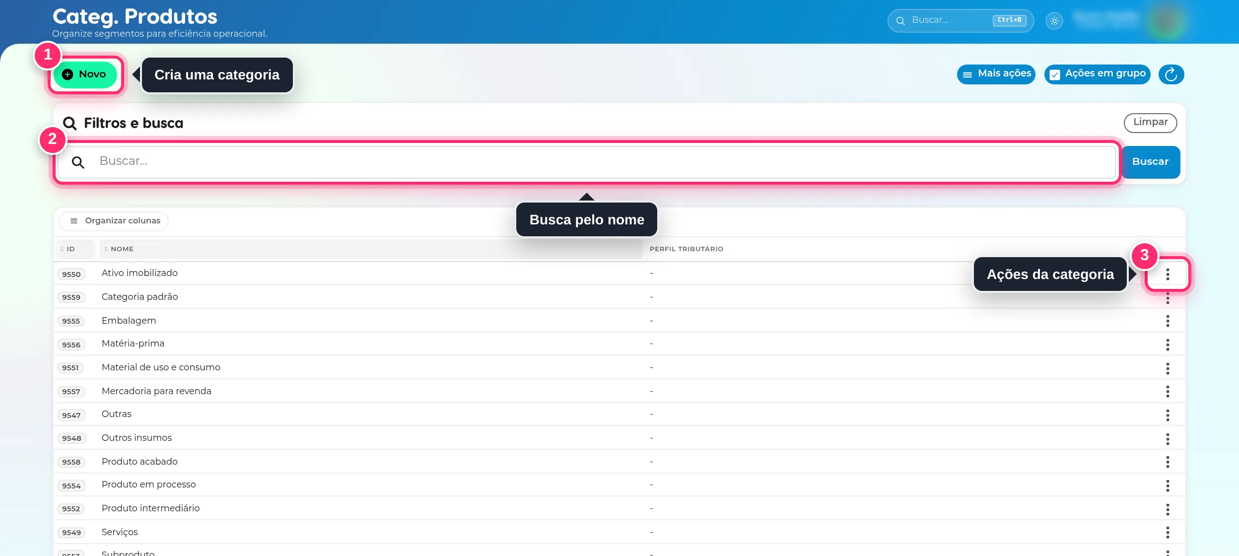 Lista de categorias de produtos com os botões Novo, Buscar e o menu de ações de cada categoria