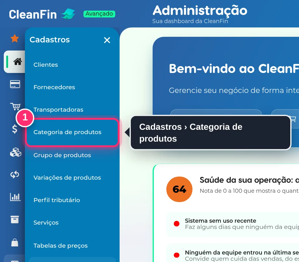 Menu Cadastros aberto, com a opção Categoria de produtos destacada