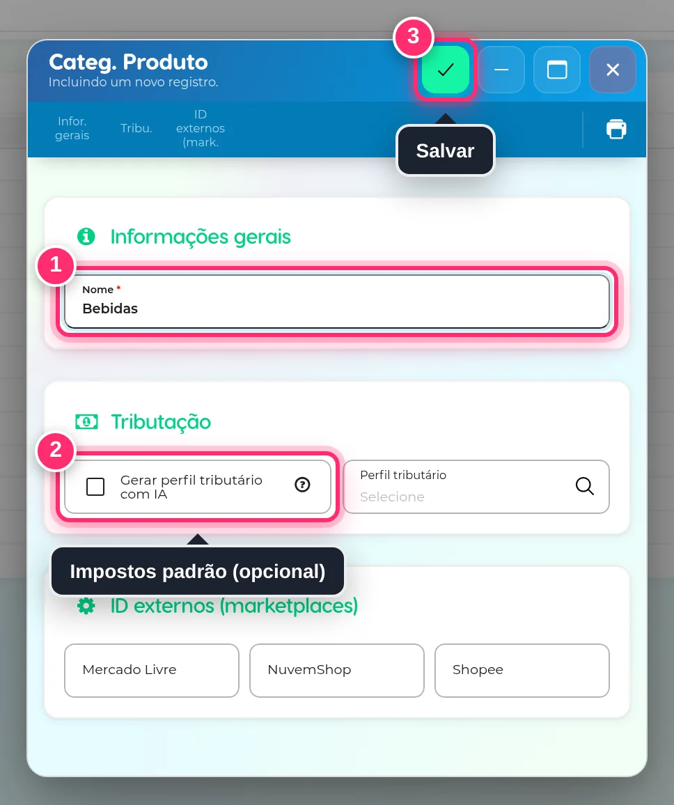Formulário de nova categoria de produtos com o nome, a tributação e o botão de salvar destacados