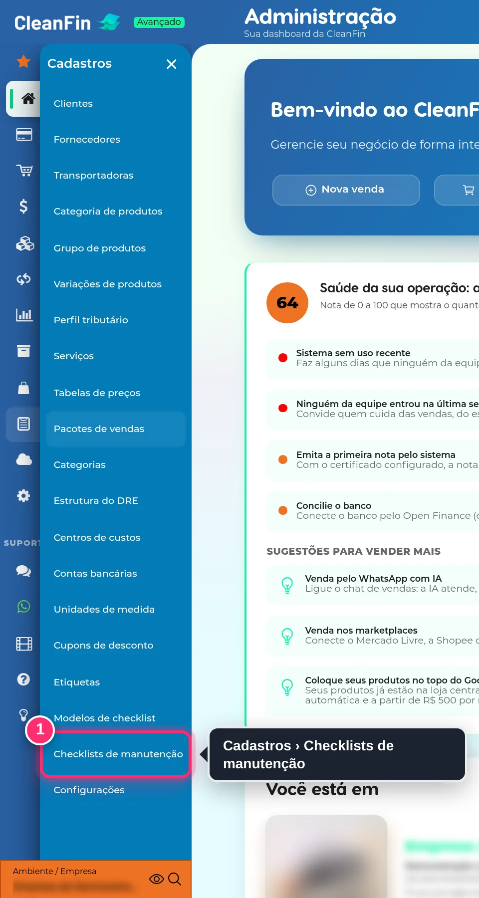 Menu Cadastros aberto, com a opção Checklists de manutenção destacada