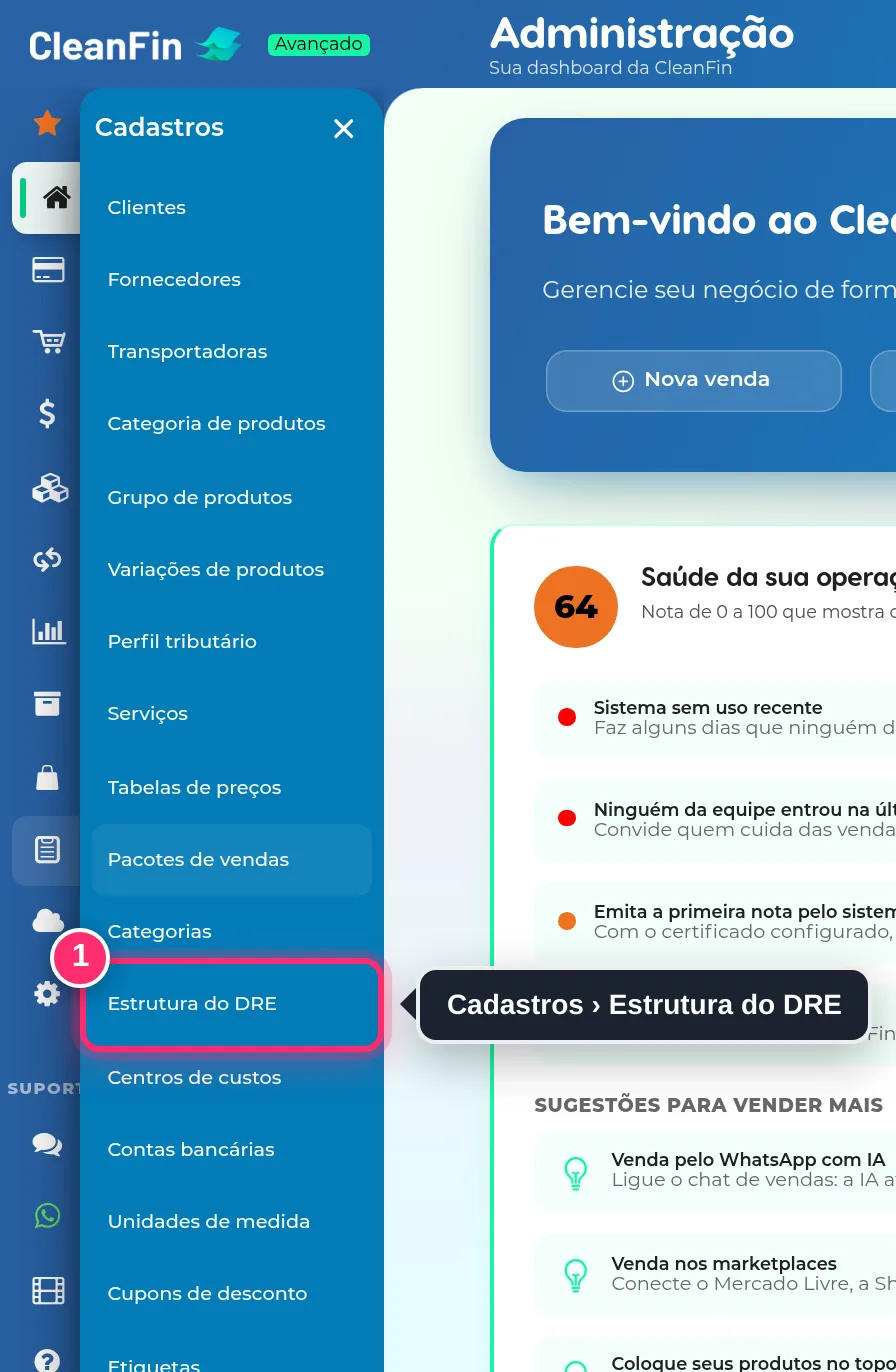 Menu Cadastros aberto, com a opção Estrutura do DRE destacada