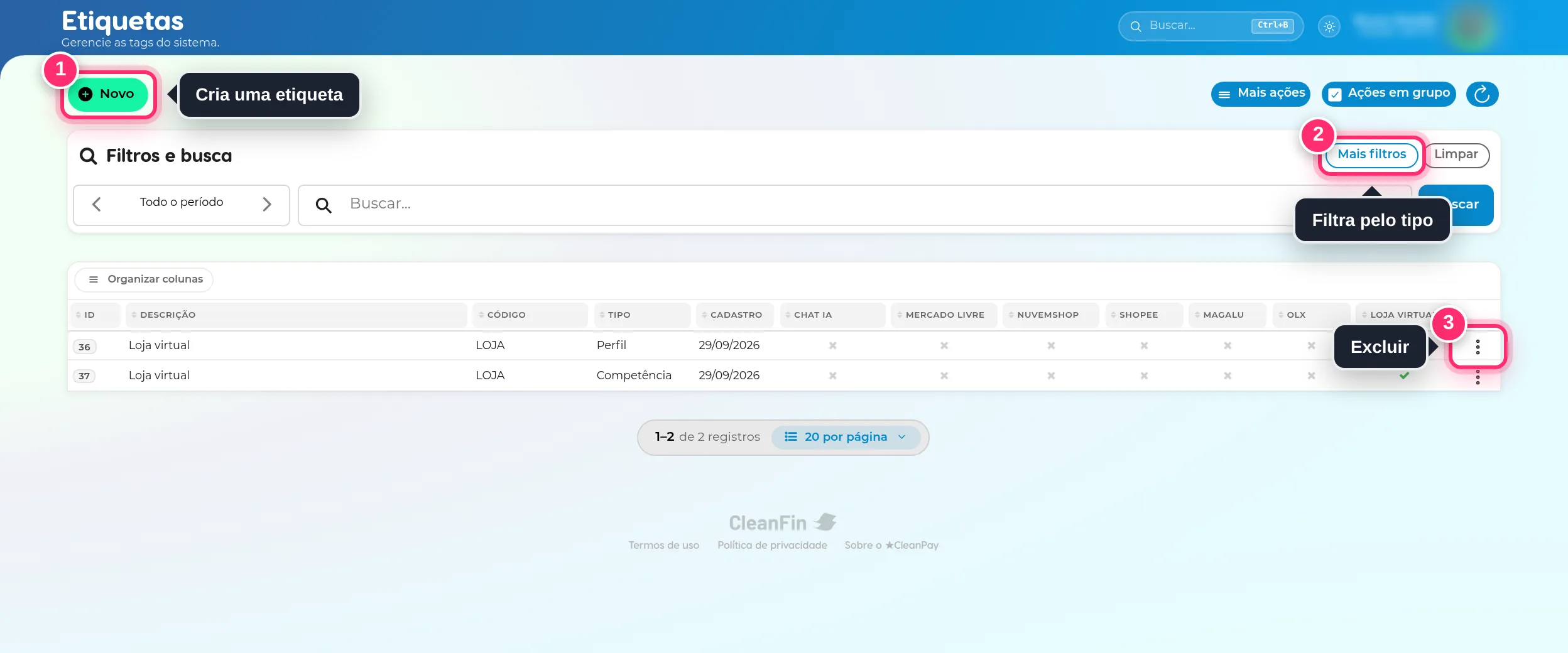 Lista de etiquetas com o botão Novo, Mais filtros e o menu de ações destacados