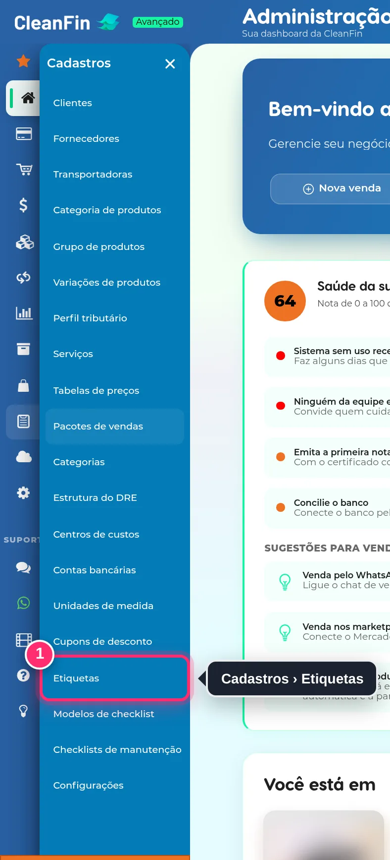 Menu Cadastros aberto, com a opção Etiquetas destacada