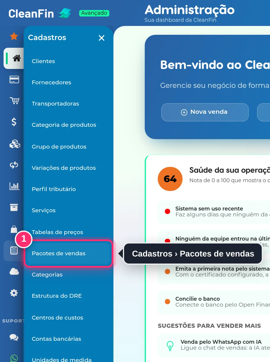 Menu Cadastros aberto, com a opção Pacotes de vendas destacada