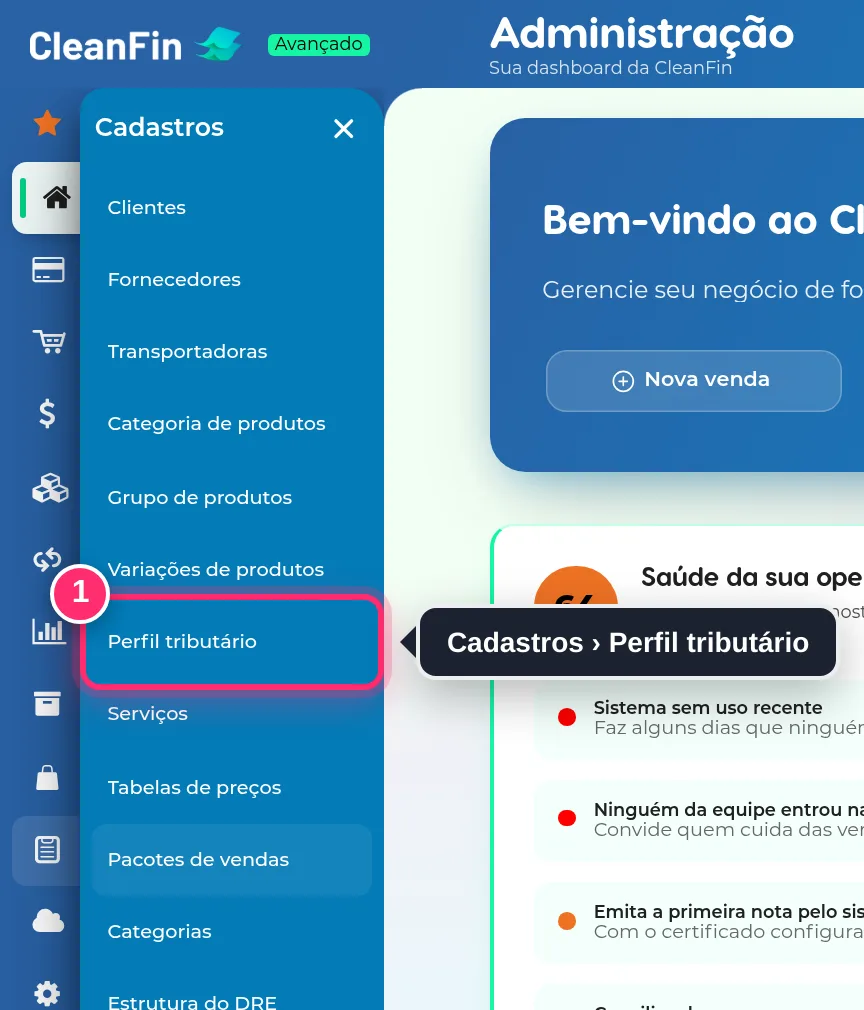 Menu Cadastros aberto, com a opção Perfil tributário destacada