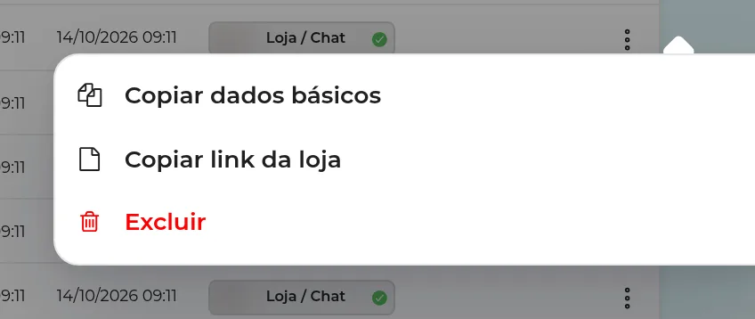 Menu de ações de uma variação: copiar dados básicos, copiar link da loja e excluir