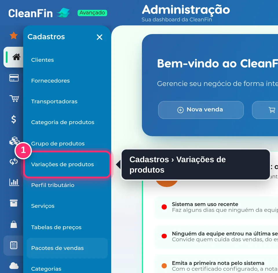 Menu Cadastros aberto, com a opção Variações de produtos destacada