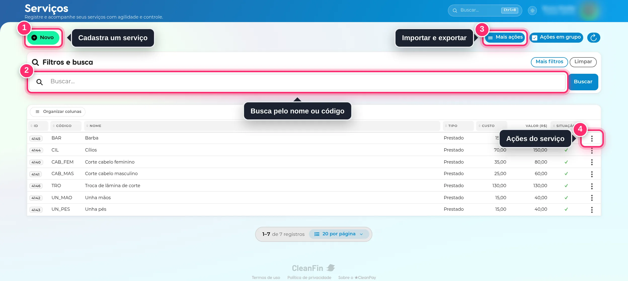 Lista de serviços com os botões Novo, Buscar, Mais ações e o menu de ações de cada serviço