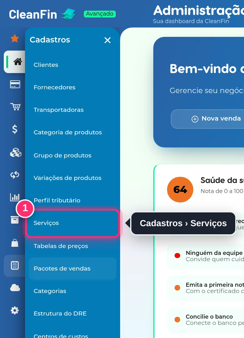 Menu Cadastros aberto, com a opção Serviços destacada