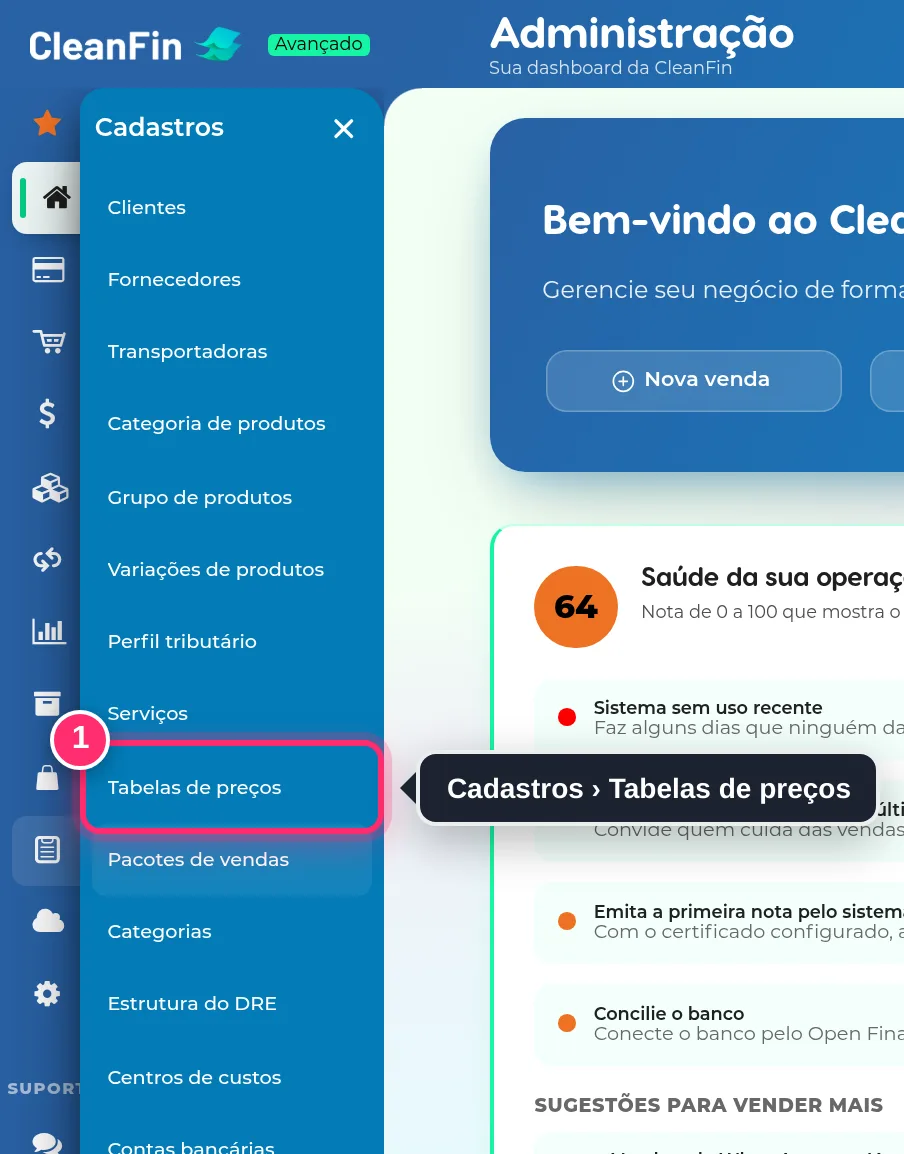Menu Cadastros aberto, com a opção Tabelas de preços destacada