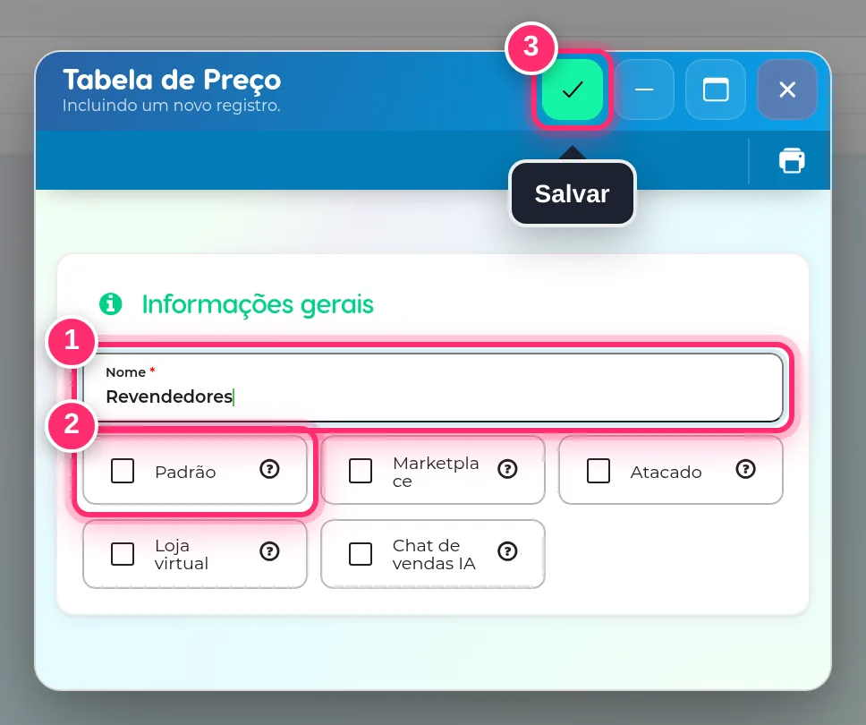 Formulário de nova tabela de preços com o nome, a opção Padrão e o botão de salvar destacados