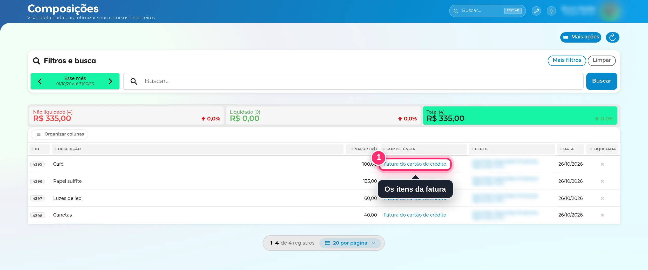 Lista de composições de despesa: café, papel sulfite, luzes de led e canetas, todas da fatura do cartão de crédito