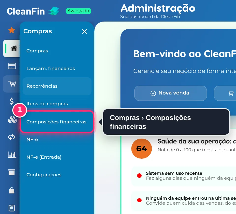 Menu Compras aberto, com a opção Composições financeiras destacada