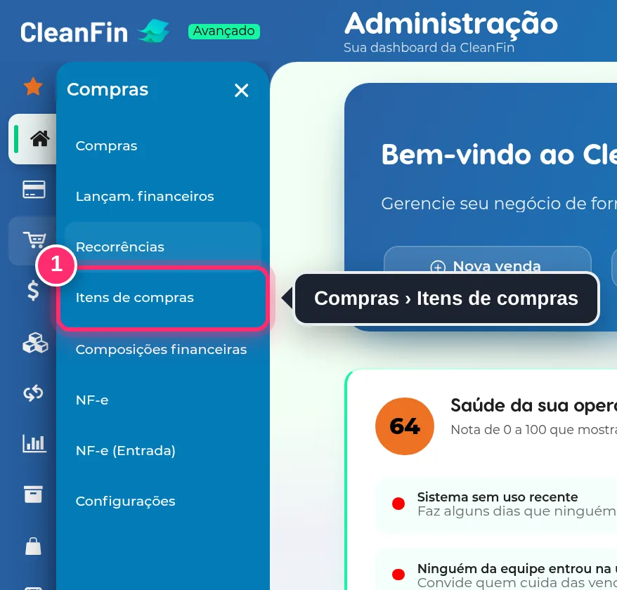 Menu Compras aberto, com a opção Itens de compras destacada