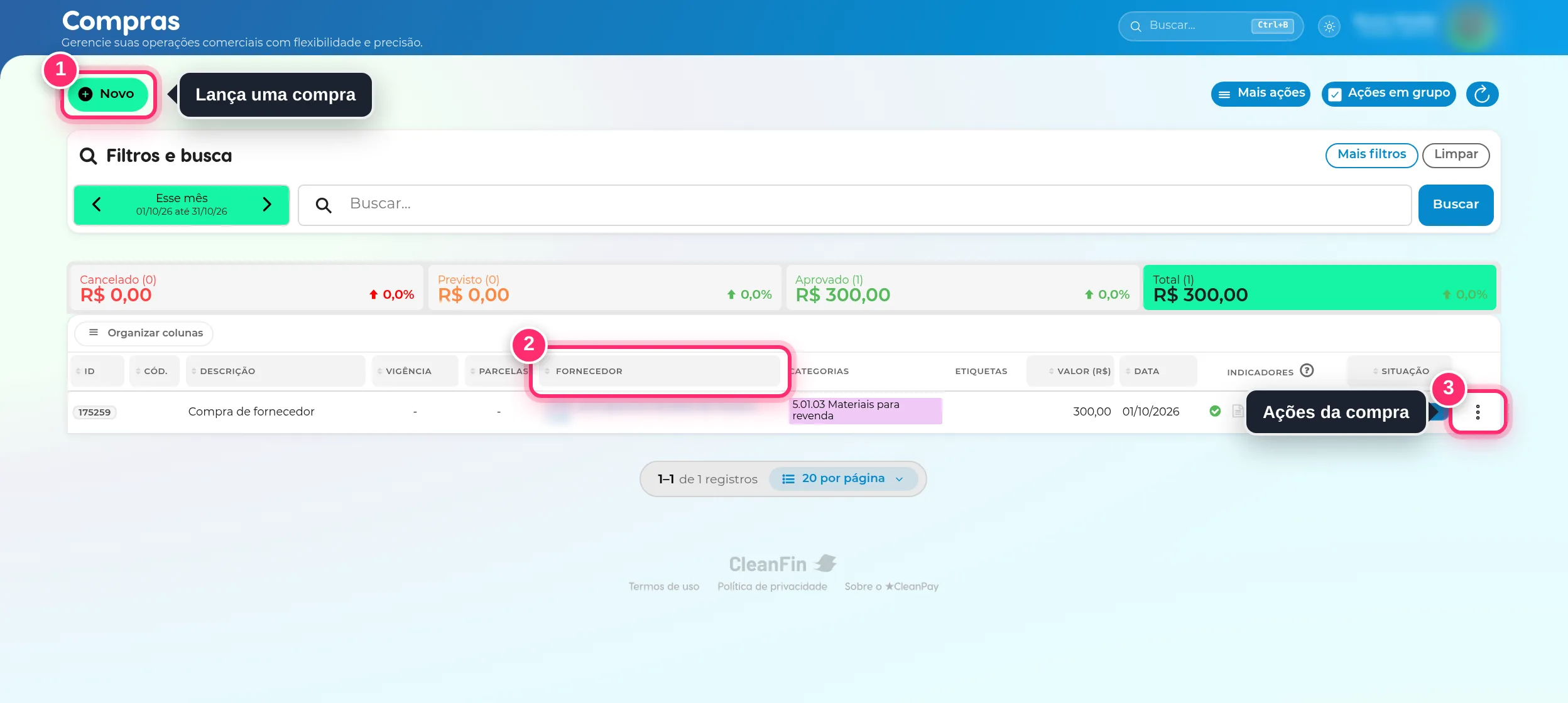 Lista de compras com o botão Novo, os quadros de totais, a coluna Fornecedor e o menu de ações de cada compra