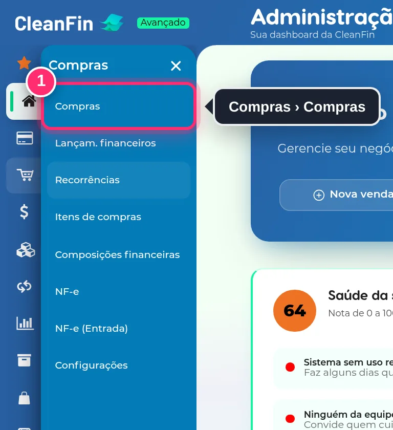 Menu Compras aberto, com a opção Compras destacada
