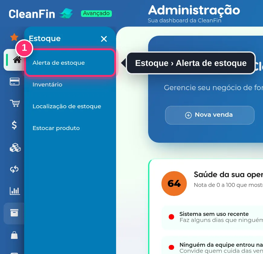Menu Estoque aberto, com a opção Alerta de estoque destacada