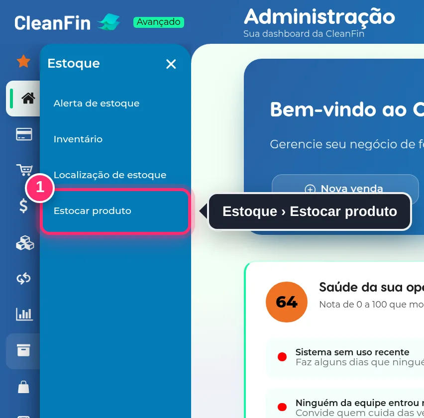 Menu Estoque aberto, com a opção Estocar produto destacada