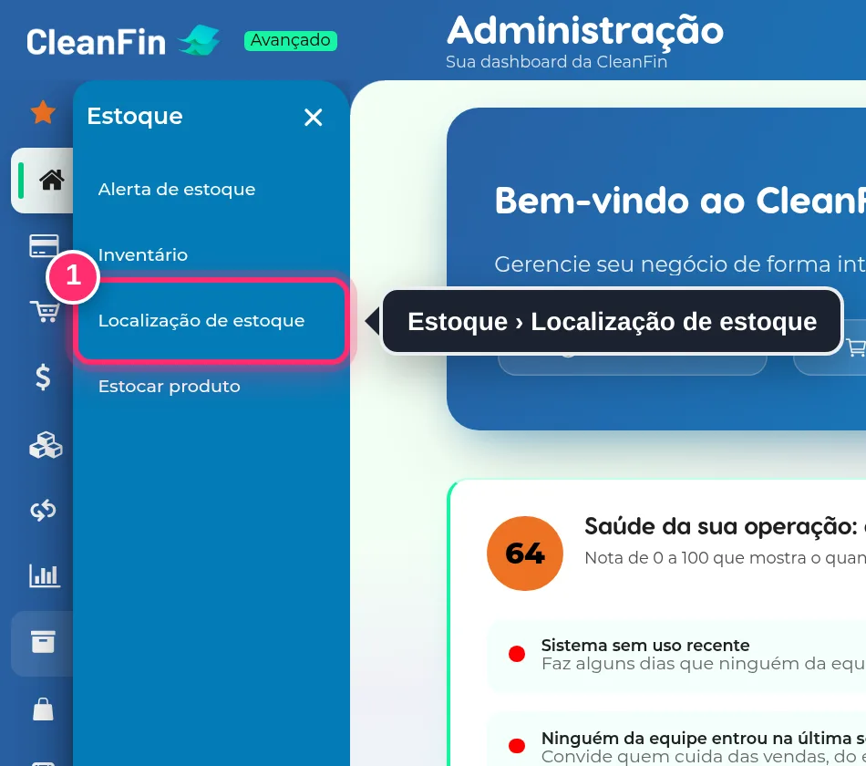 Menu Estoque aberto, com a opção Localização de estoque destacada