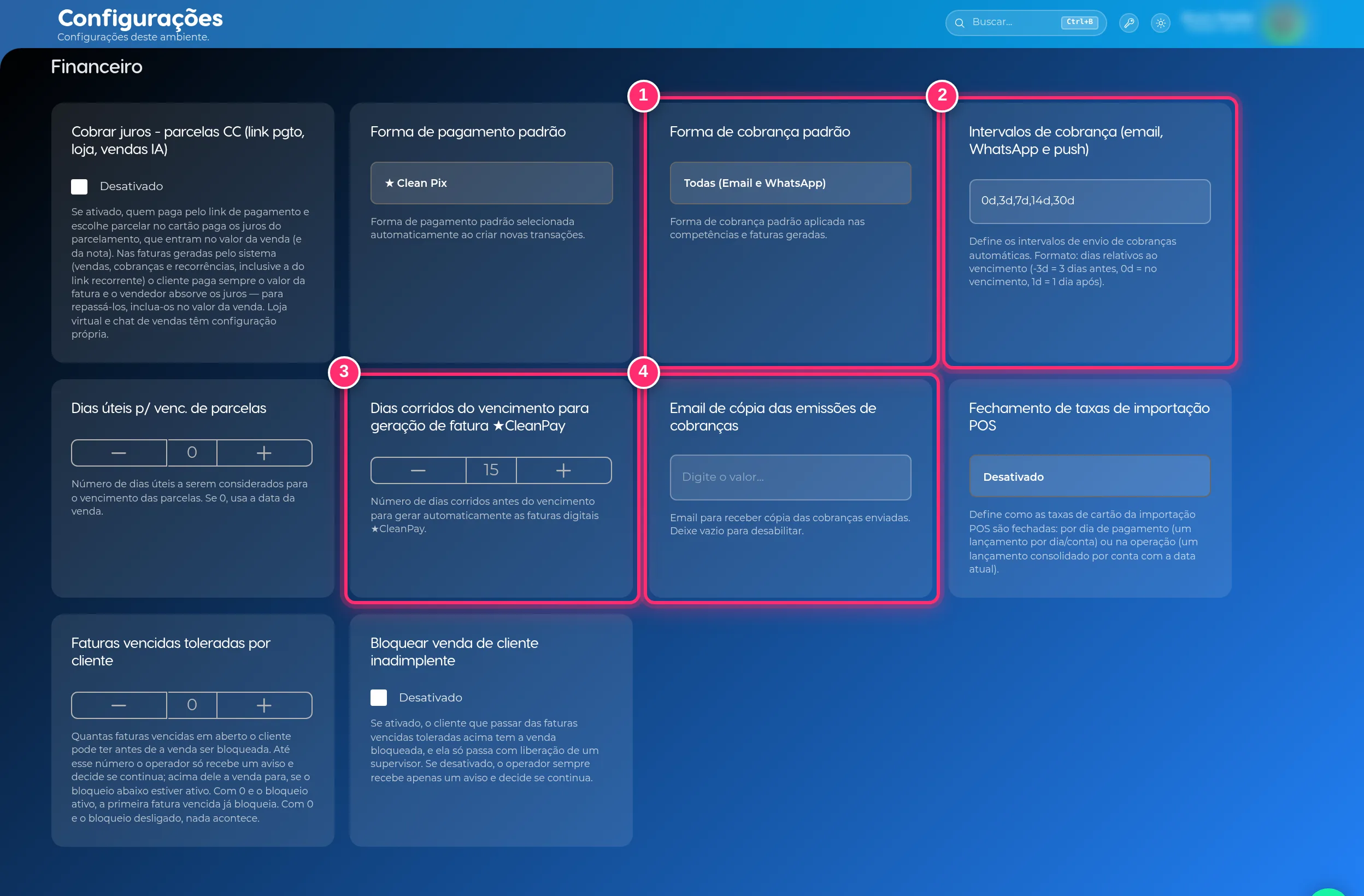Configurações do Financeiro com Forma de cobrança padrão, Intervalos de cobrança, Dias corridos para geração da fatura e Email de cópia destacados