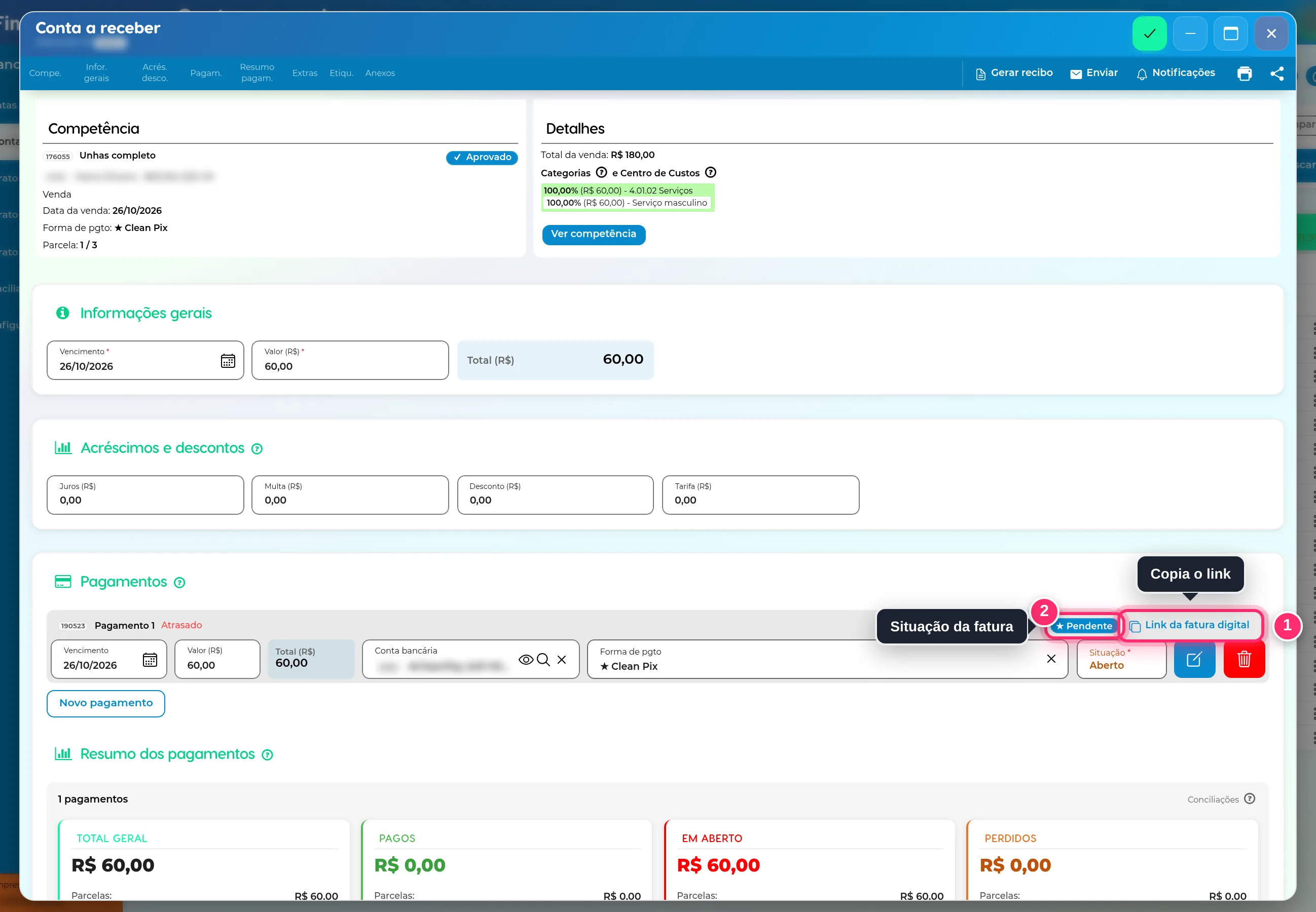 Pagamento de uma conta com a situação da fatura ★CleanPay e o botão Link da fatura digital destacados