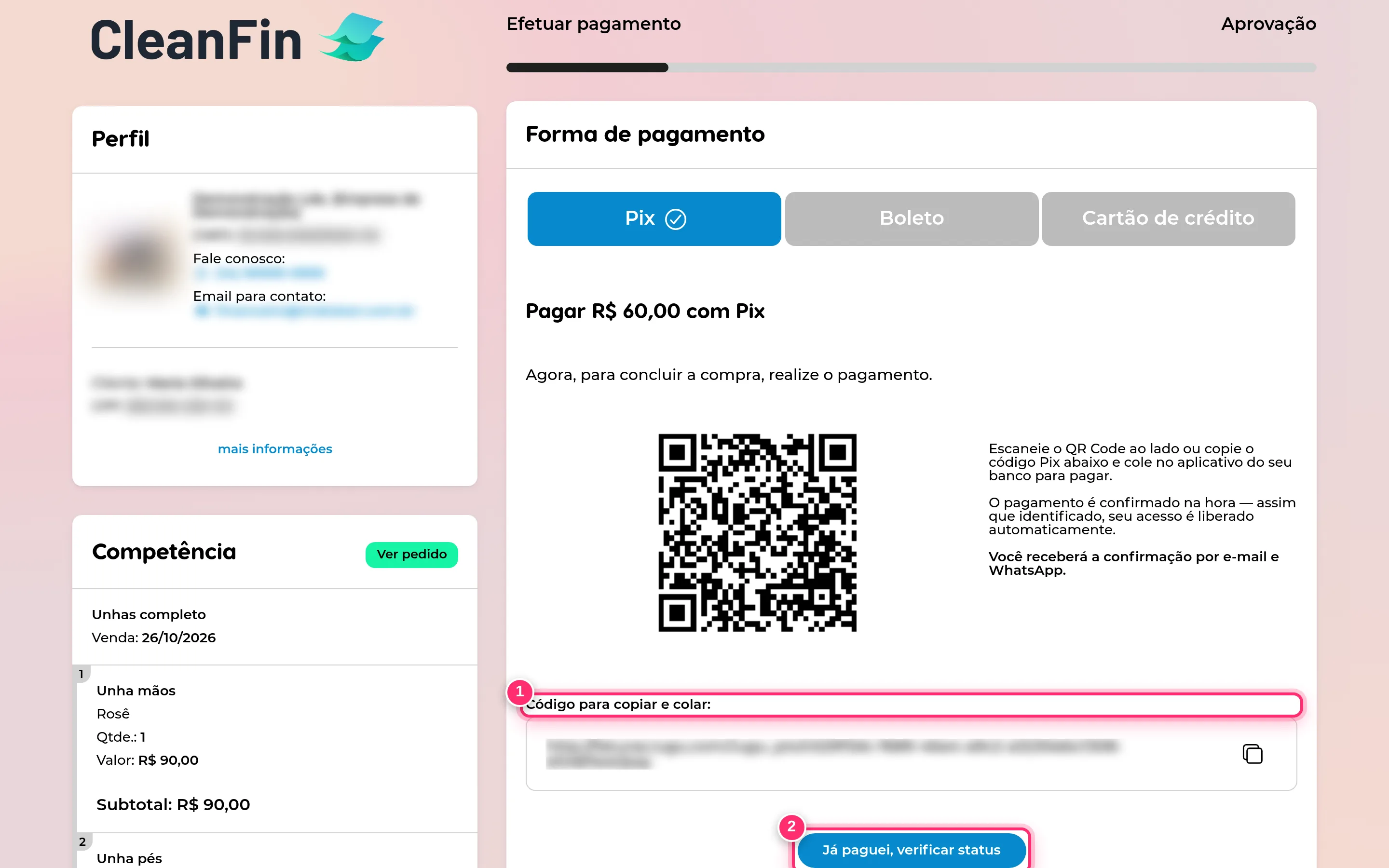 Página da fatura pagando por Pix, com o código para copiar e colar e o botão Já paguei, verificar status destacados; dados do cliente e da empresa borrados