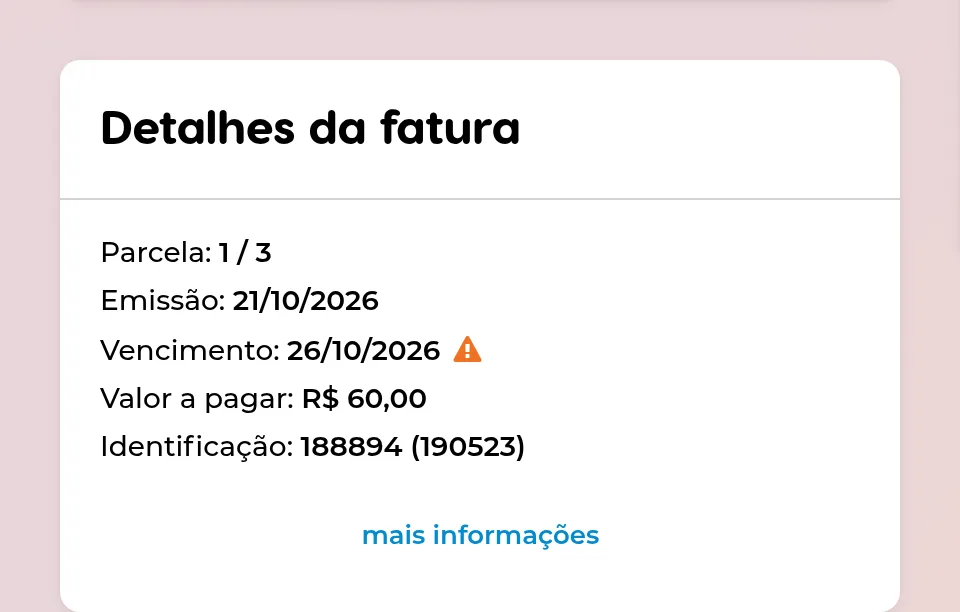 Quadro Detalhes da fatura, com a parcela, a emissão, o vencimento já passado com o alerta e o valor a pagar