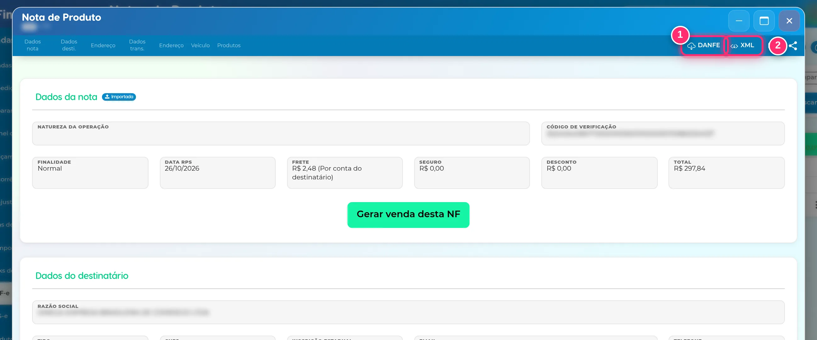 Nota de produto aberta com os botões DANFE e XML destacados na barra do alto