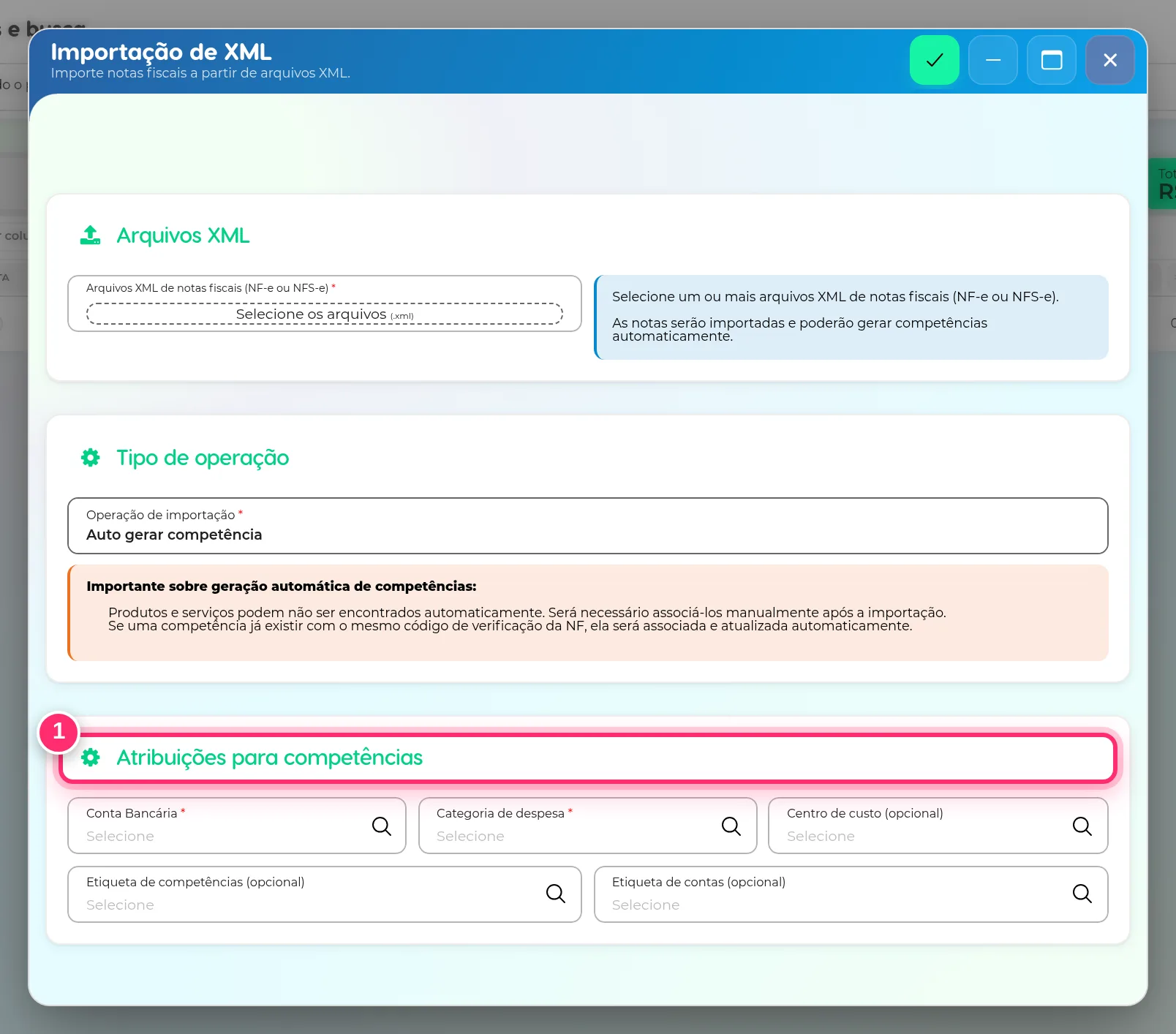 Janela Importação de XML com a operação Auto gerar competência e a parte Atribuições para competências