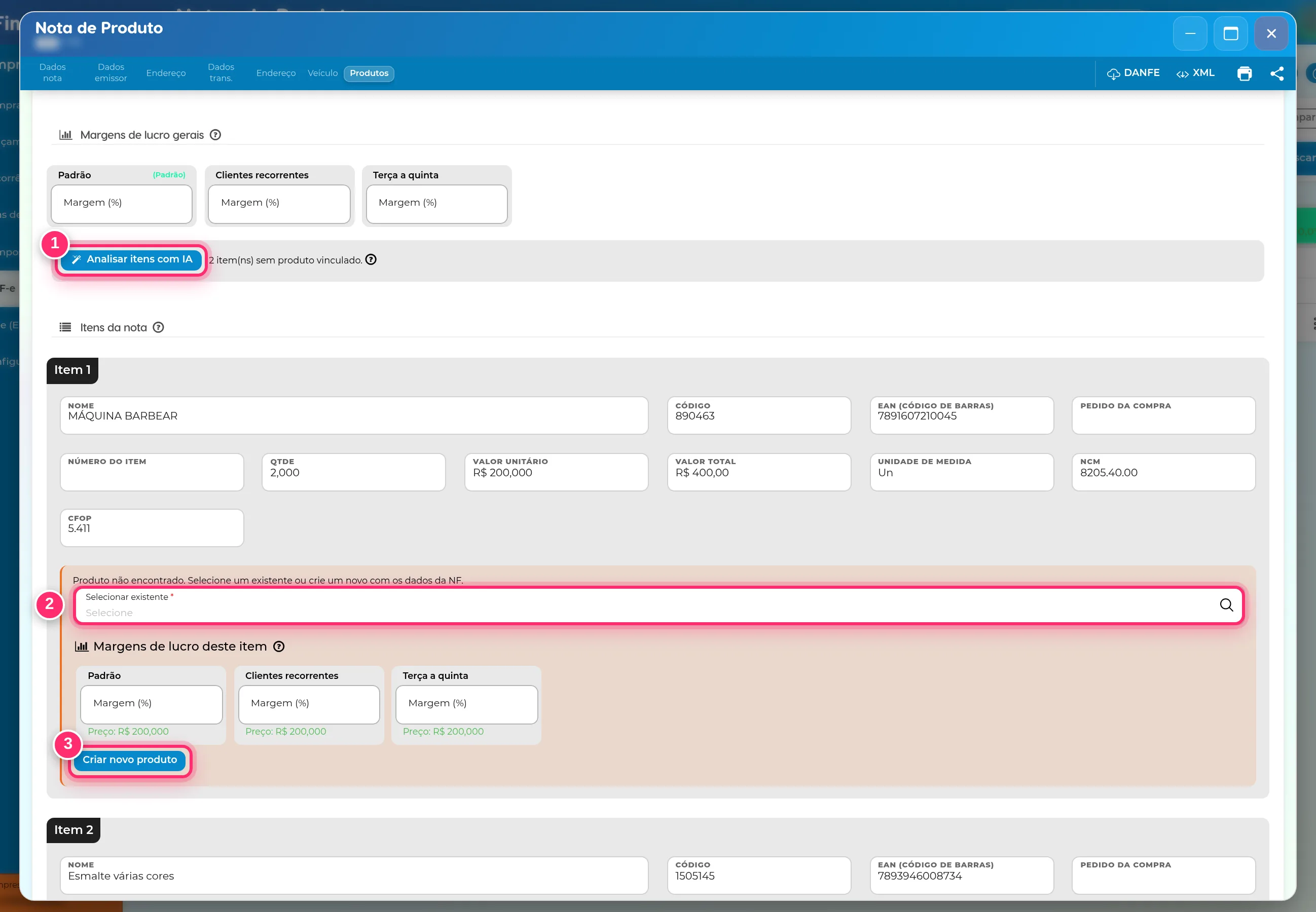 Parte Produtos da nota importada com Analisar itens com IA, o campo Selecionar existente e o botão Criar novo produto destacados