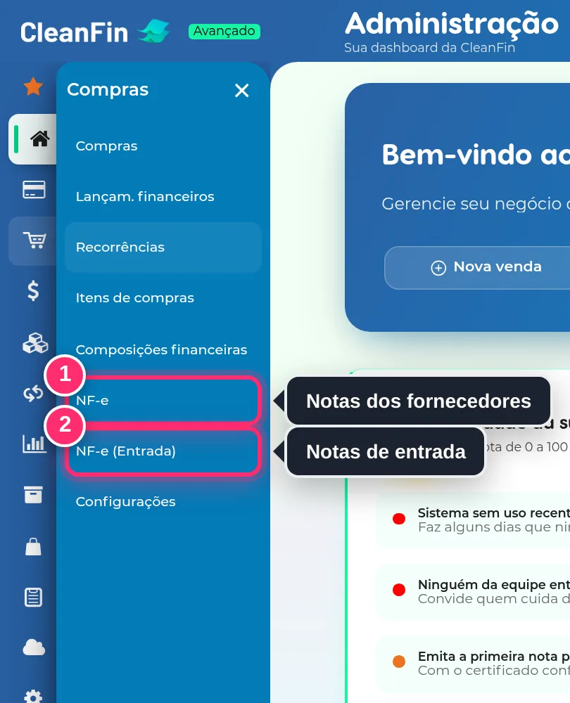 Menu Compras aberto, com as opções NF-e e NF-e (Entrada) destacadas