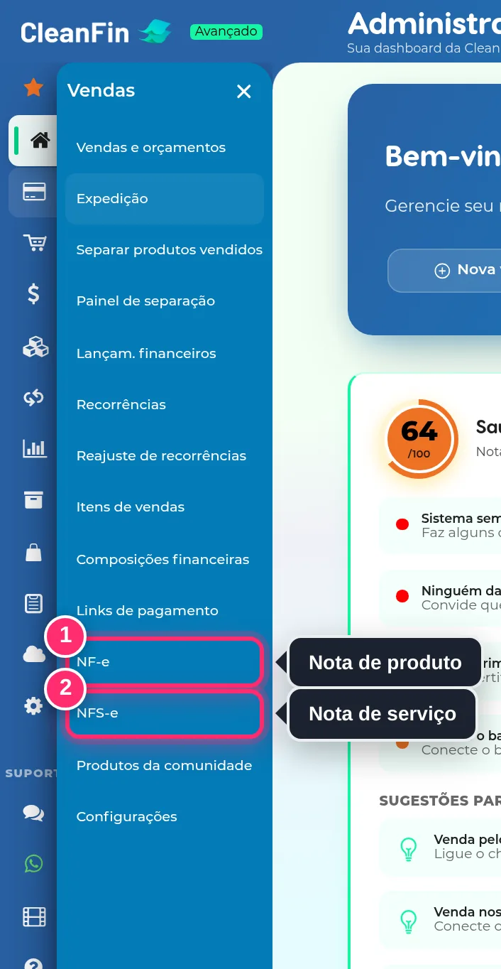 Menu Vendas aberto, com as opções NF-e e NFS-e destacadas
