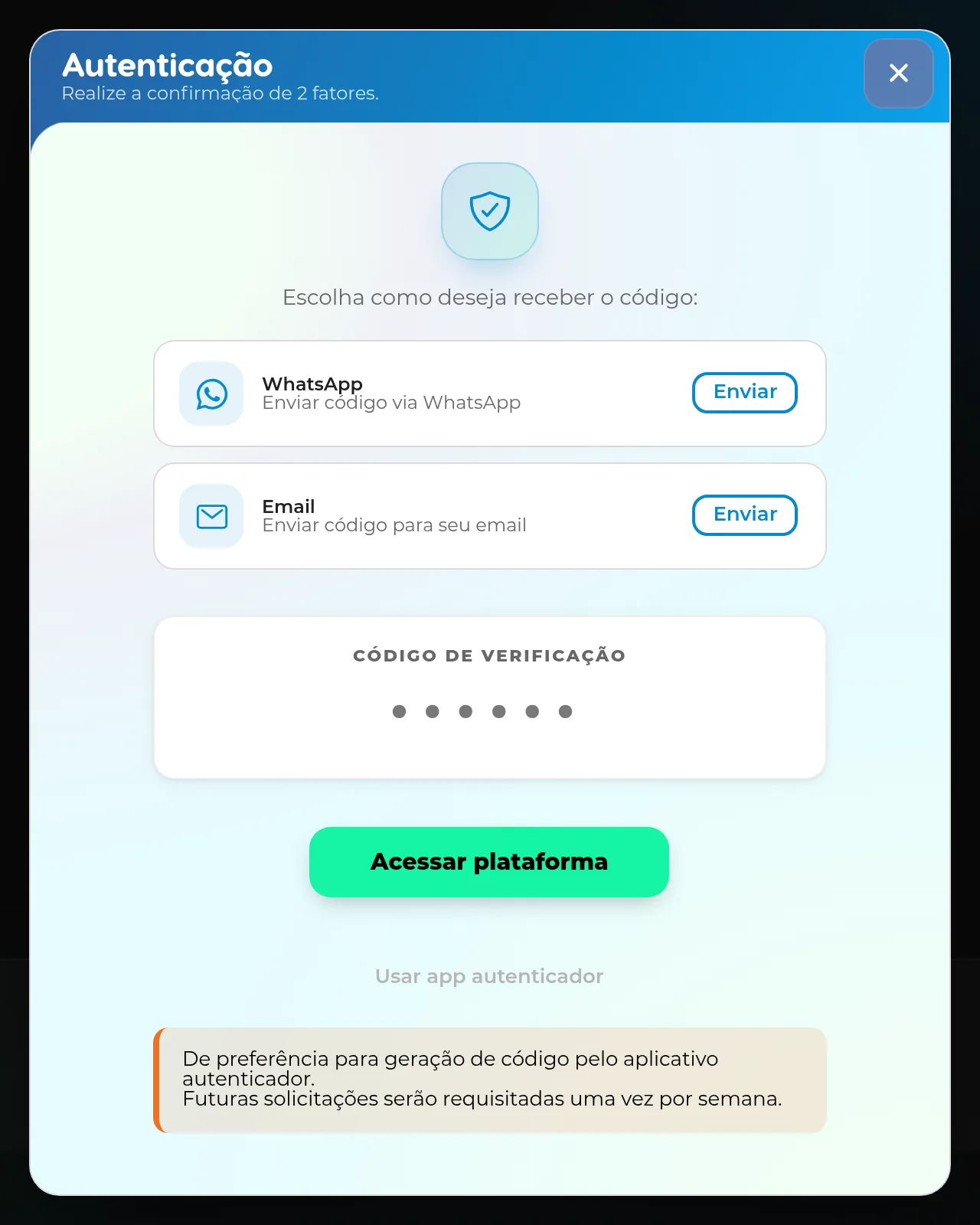 Janela Autenticação com as opções de receber o código por WhatsApp ou por e-mail, o campo Código de verificação e o botão Acessar plataforma