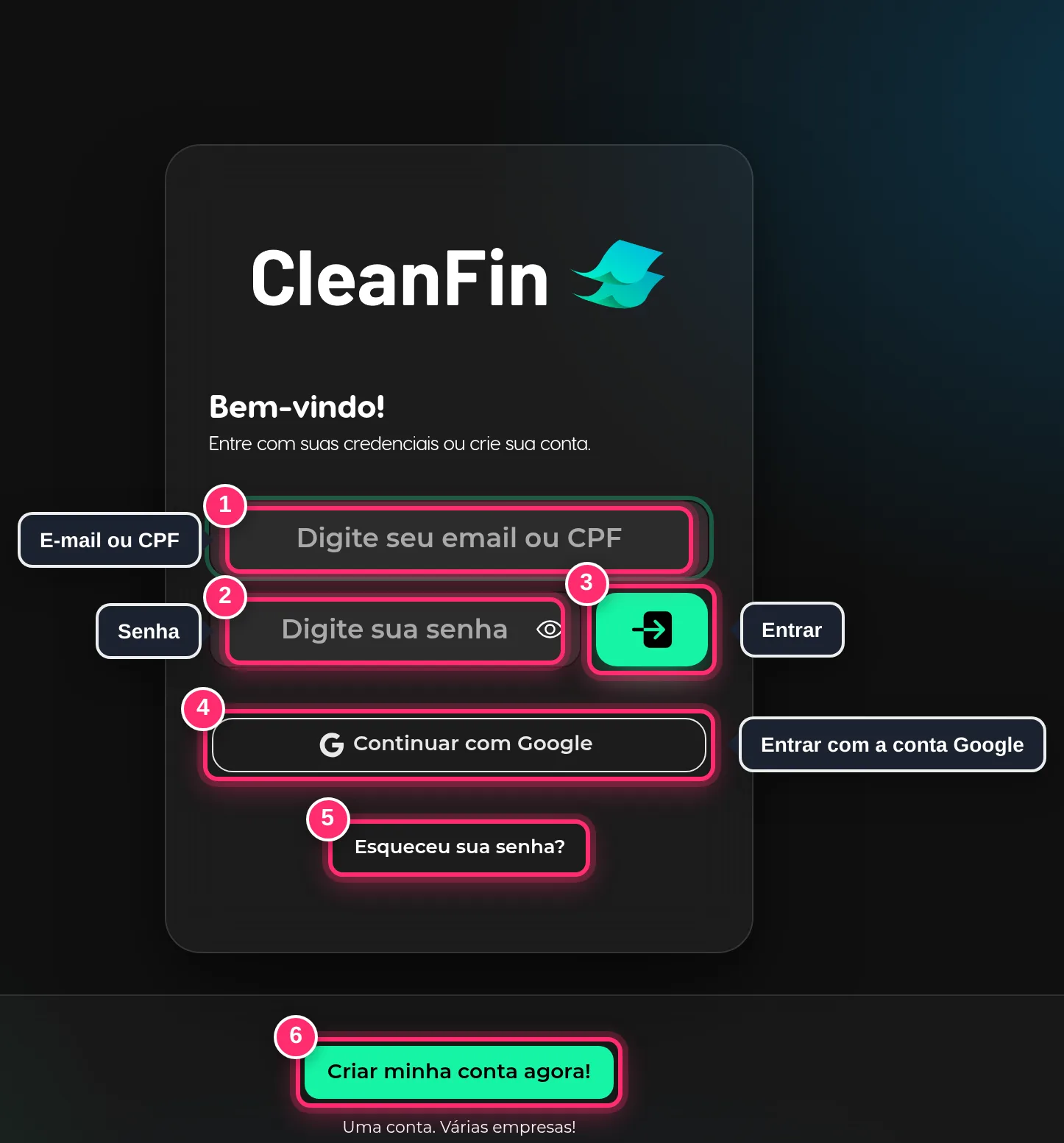 Tela de entrada do CleanFin com os campos de e-mail ou CPF e senha, o botão de entrar, Continuar com Google, Esqueceu sua senha? e Criar minha conta agora!