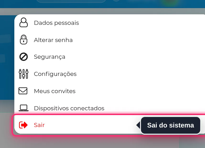 Menu do usuário aberto com a opção Sair destacada