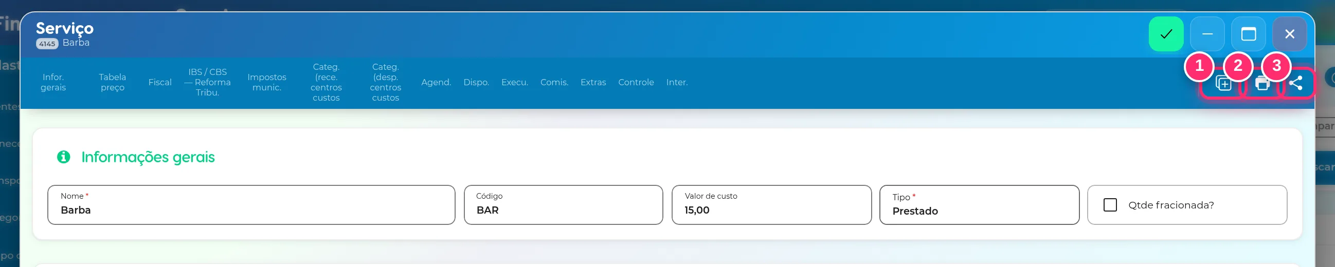 Alto do formulário de um serviço salvo, com os botões duplicar, imprimir e compartilhar destacados