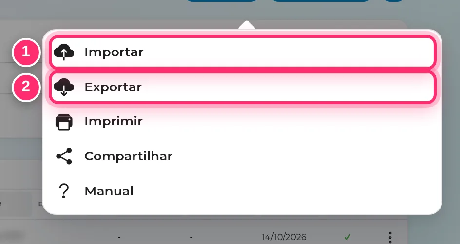 Menu Mais ações da lista de clientes com Importar e Exportar destacados