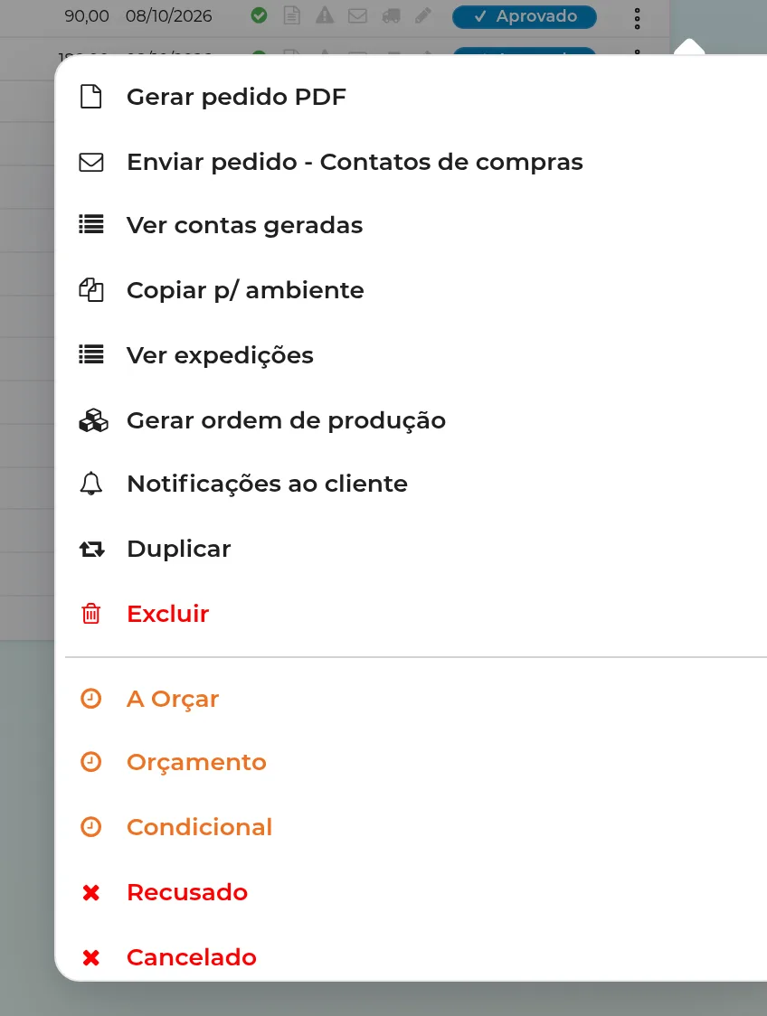 Menu de ações de uma venda: gerar pedido em PDF, ver contas geradas, expedições, notificações ao cliente, duplicar, excluir e a troca de situação