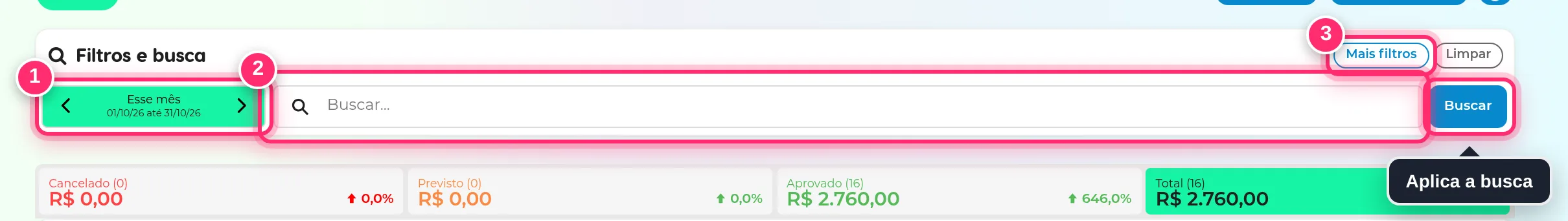 Quadro Filtros e busca com o período, o campo Buscar, o botão Buscar e Mais filtros destacados