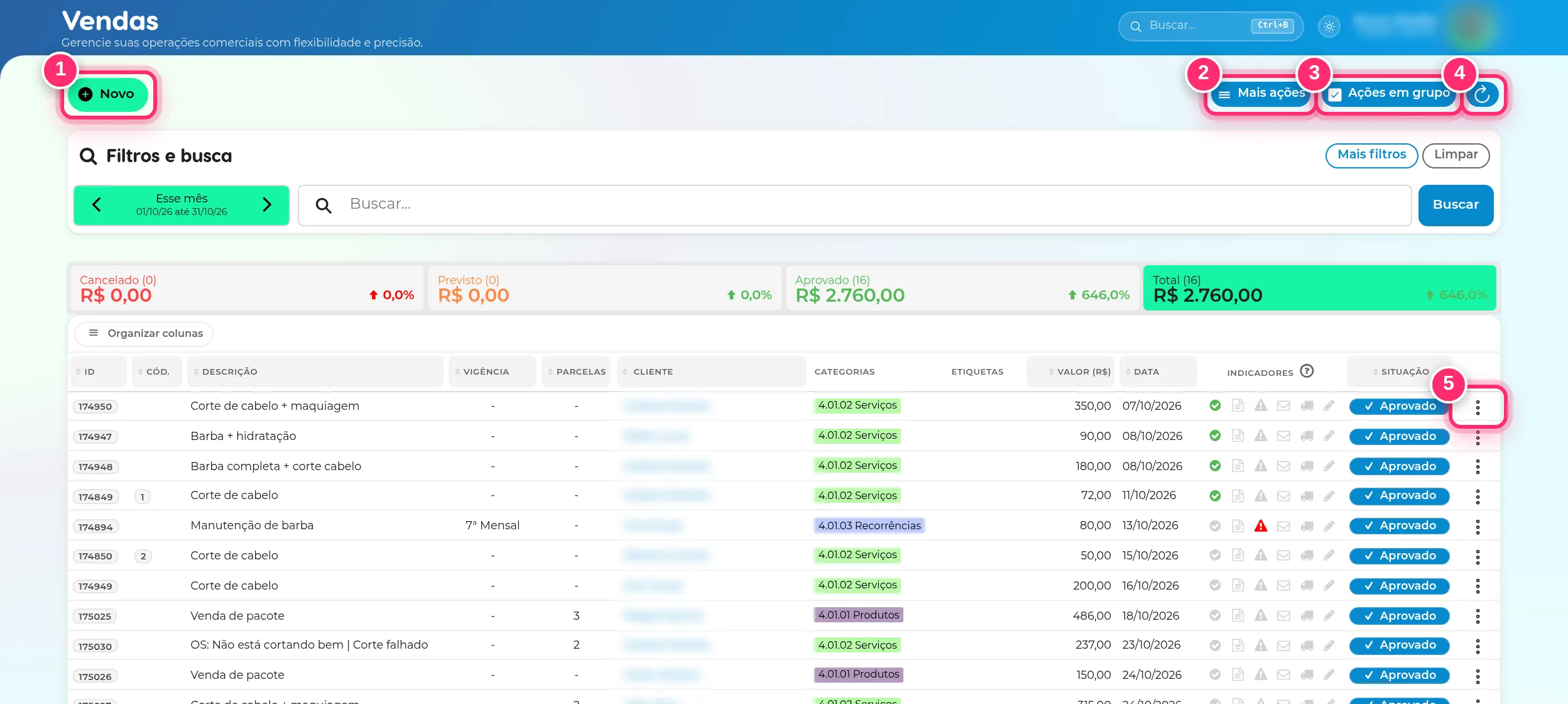 Lista de vendas com os botões Novo, Mais ações, Ações em grupo, Atualizar e o menu de três pontinhos de uma linha destacados