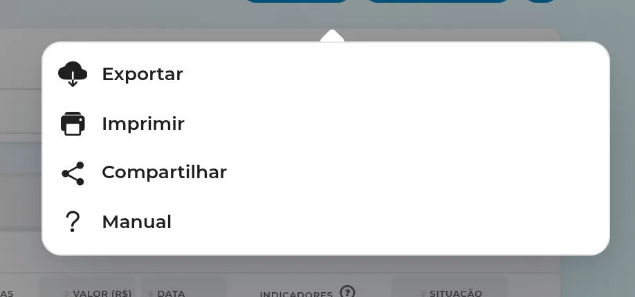 Menu Mais ações com Exportar, Imprimir, Compartilhar e Manual