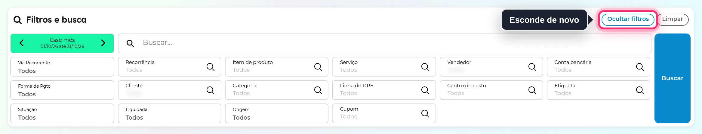 Quadro de filtros aberto com todos os campos de filtro da lista de vendas e o botão Ocultar filtros