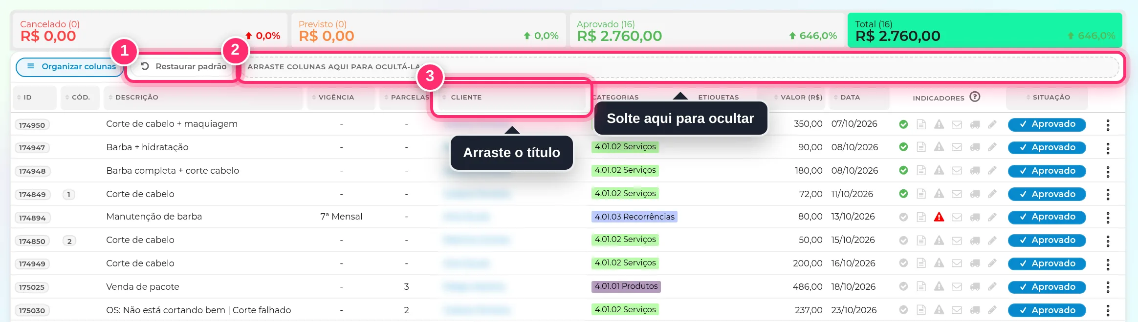 Modo de organizar colunas ligado, com Restaurar padrão e a faixa onde se soltam as colunas para ocultar