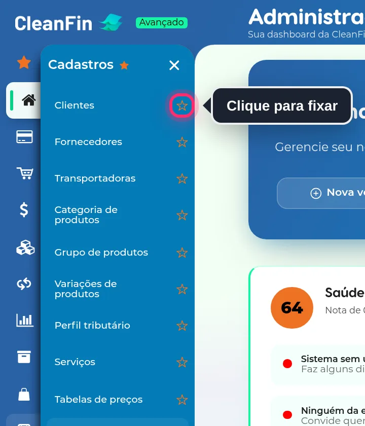 Grupo Cadastros aberto com a edição de favoritos ligada: cada opção tem uma estrela para marcar