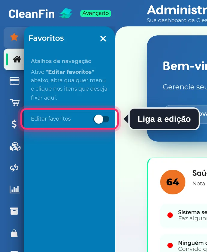 Grupo Favoritos aberto, vazio, com o texto Atalhos de navegação e a chave Editar favoritos destacada