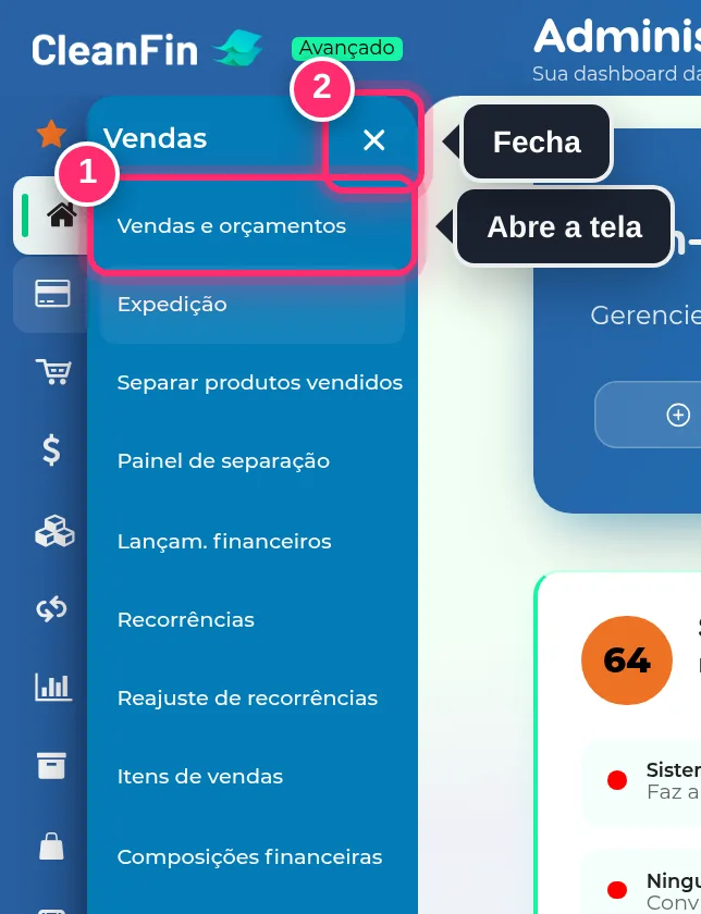 Grupo Vendas aberto, com as opções Vendas e orçamentos, Expedição, Lançamentos financeiros, Recorrências, Notas fiscais e outras