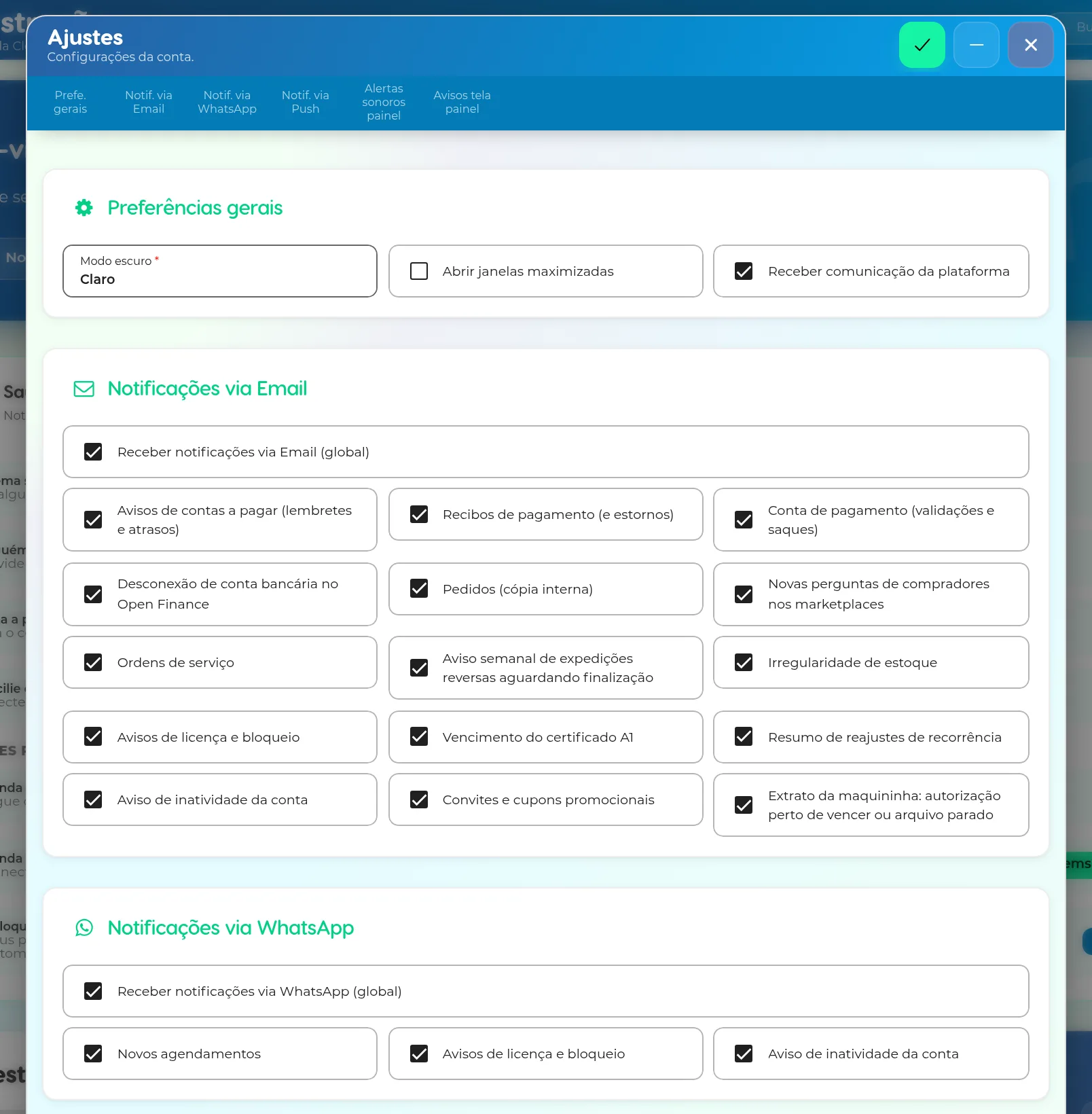 Janela Ajustes com as preferências gerais e as notificações por e-mail, WhatsApp, push, alertas sonoros e avisos na tela