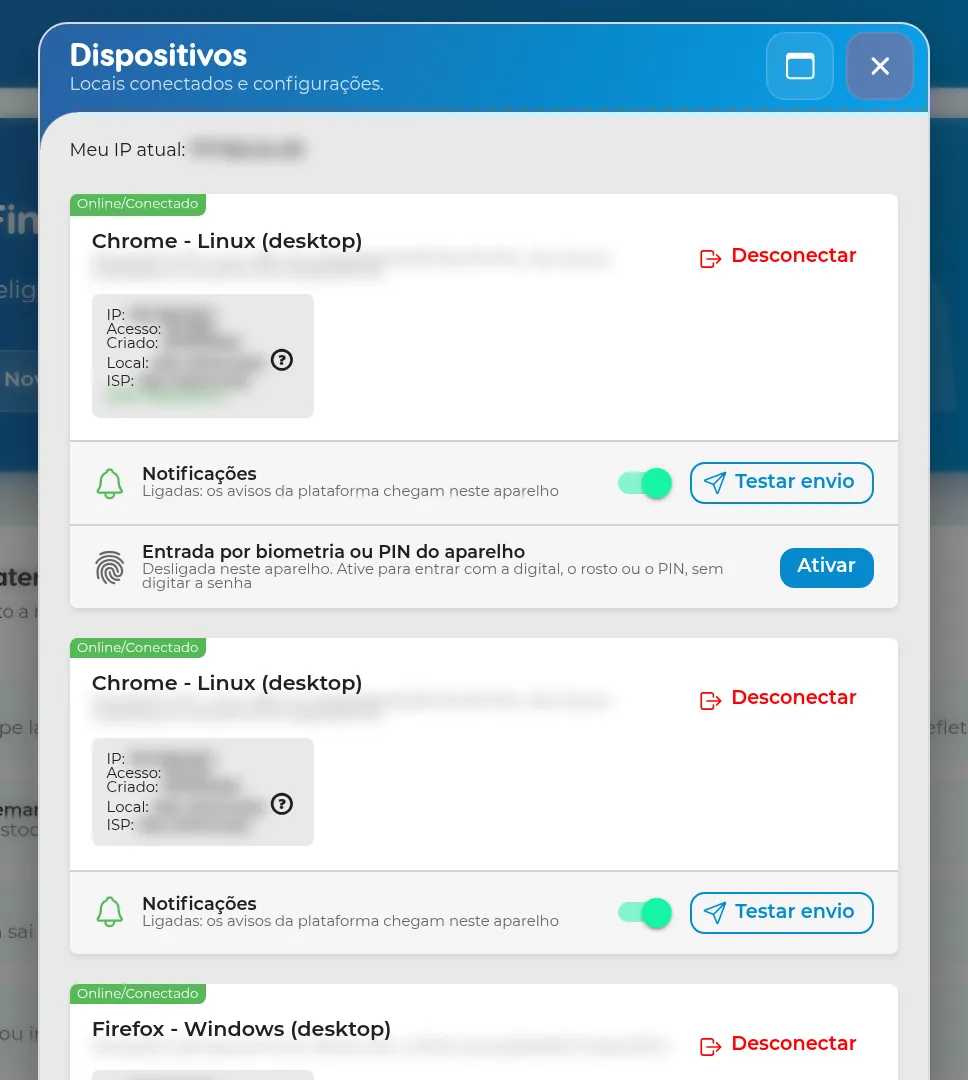 Janela Dispositivos com um aparelho conectado, as opções de notificações e de entrada por biometria