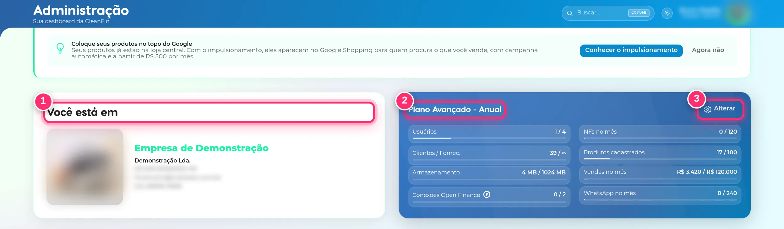 Cartões Você está em, com o nome da empresa, e o do plano, com o consumo de usuários, clientes, armazenamento, notas fiscais, produtos, vendas e WhatsApp no mês