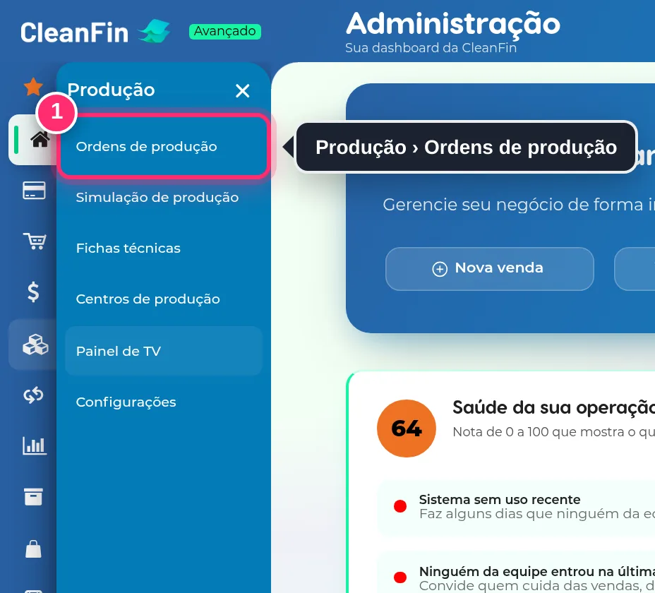 Menu Produção aberto, com Ordens de produção, Simulação de produção, Fichas técnicas, Centros de produção, Painel de TV e Configurações